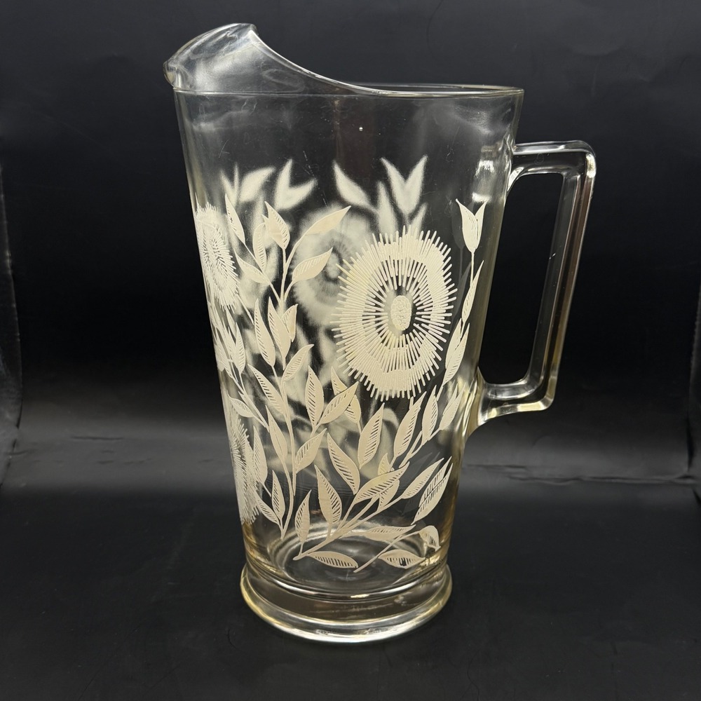 Vtg Jeanette Glass Clear Cosmos Pitcher White Frosted Floral Sunburst Design 9in